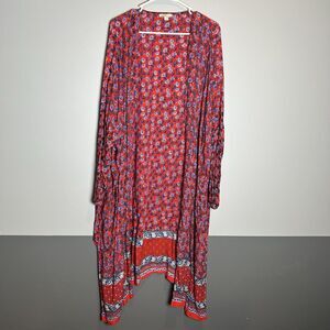 Loft Women’s Duster Plus Size 24/26 Red Blue Floral Half Sleeve Lightweight Long
